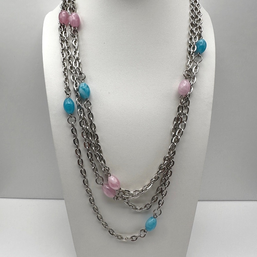 Vintage Y2K 4-Layered Chain Necklace Pink & Blue Acrylic Beads Silver Tone Retro